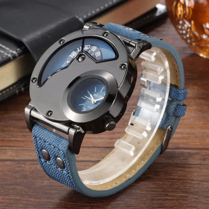 Montre Double fuseau horaire Double cadran Quartz Acier inoxydable avec bracelet en cuir