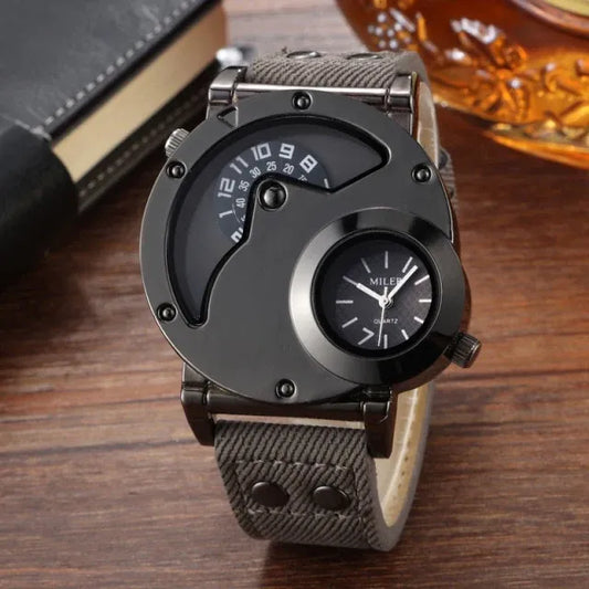 Montre Double fuseau horaire Double cadran Quartz Acier inoxydable avec bracelet en cuir