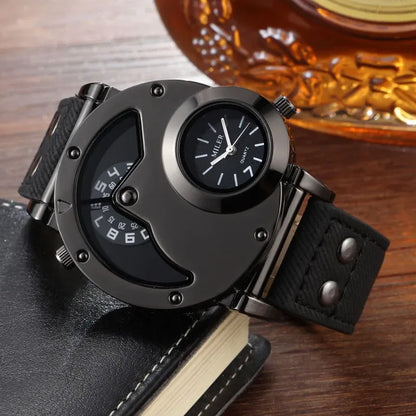 Montre Double fuseau horaire Double cadran Quartz Acier inoxydable avec bracelet en cuir