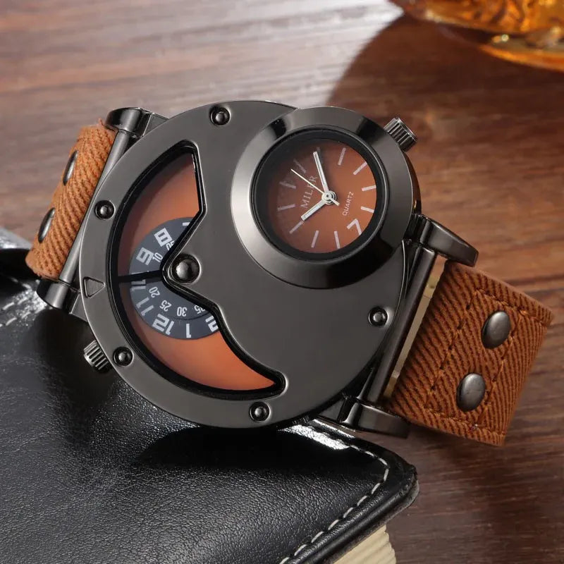 Montre Double fuseau horaire Double cadran Quartz Acier inoxydable avec bracelet en cuir
