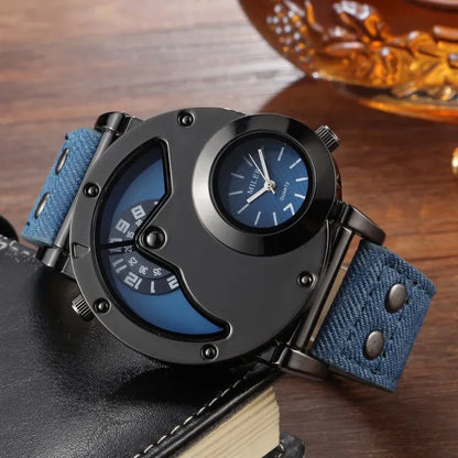 Montre Double fuseau horaire Double cadran Quartz Acier inoxydable avec bracelet en cuir