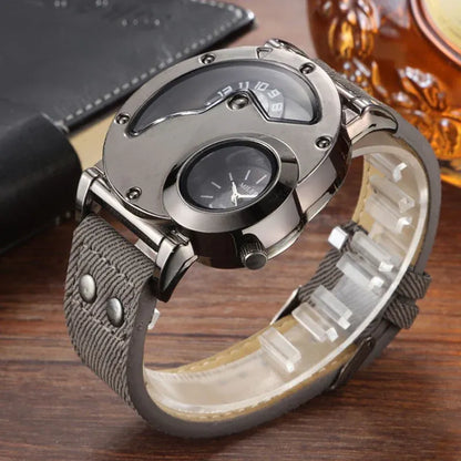 Montre Double fuseau horaire Double cadran Quartz Acier inoxydable avec bracelet en cuir