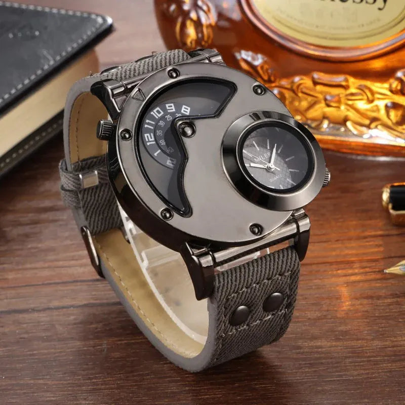 Montre Double fuseau horaire Double cadran Quartz Acier inoxydable avec bracelet en cuir