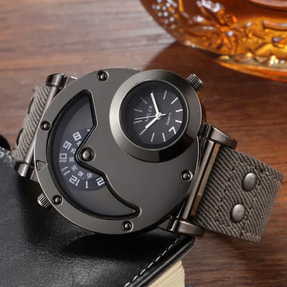 Montre Double fuseau horaire Double cadran Quartz Acier inoxydable avec bracelet en cuir